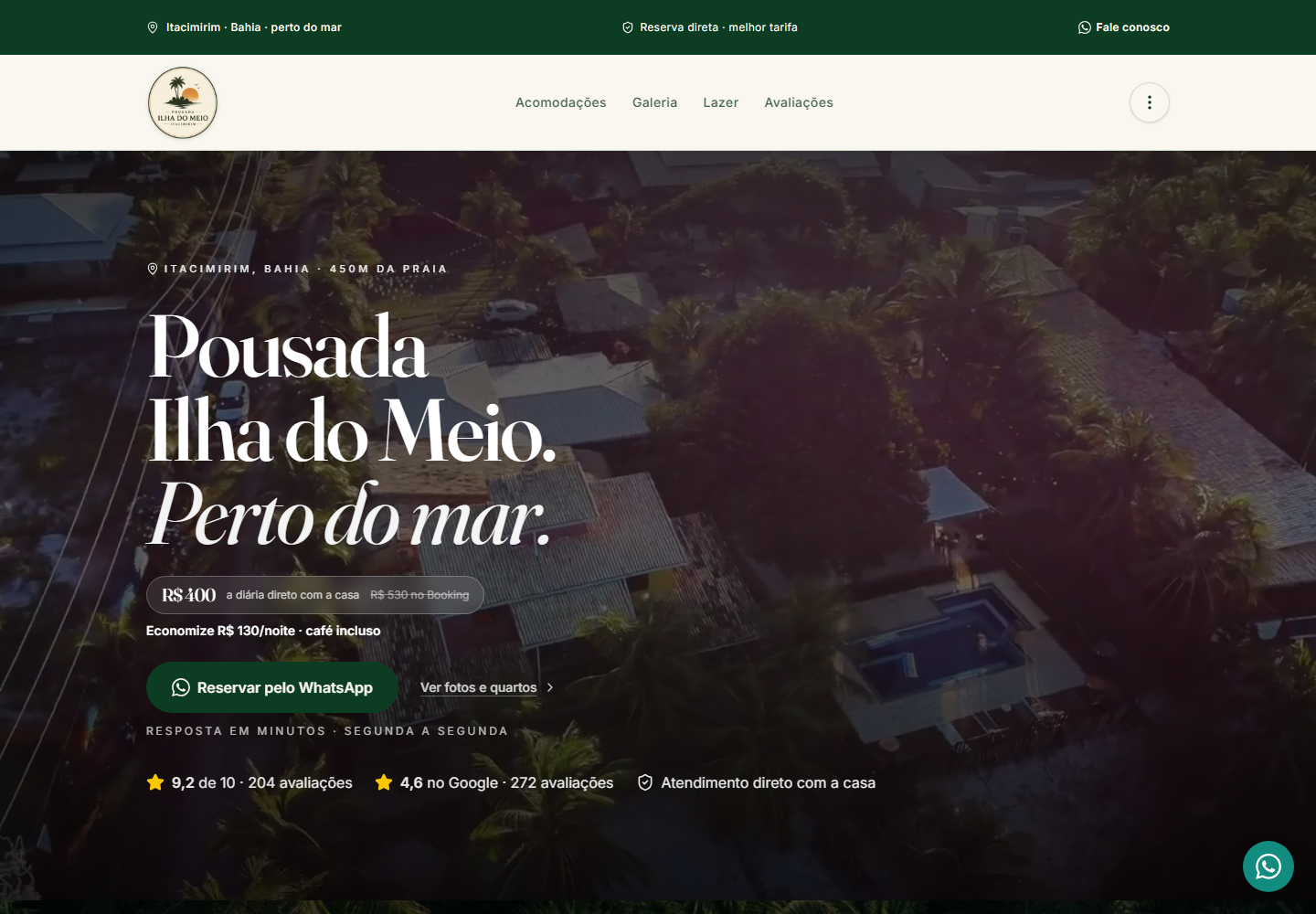 Página inicial do site da Pousada Ilha do Meio