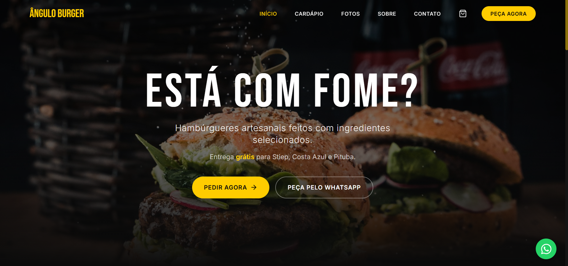 Página inicial do site do Ângulo Burger, com cardápio e pedido pelo WhatsApp