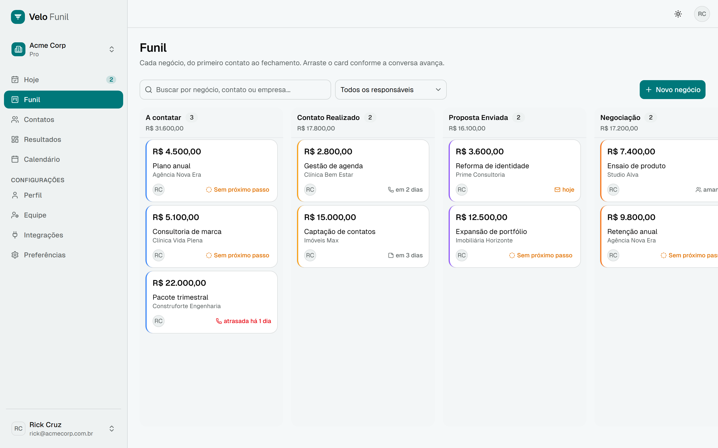 Tela do funil de vendas do Velo Funil, com os negócios distribuídos por etapa